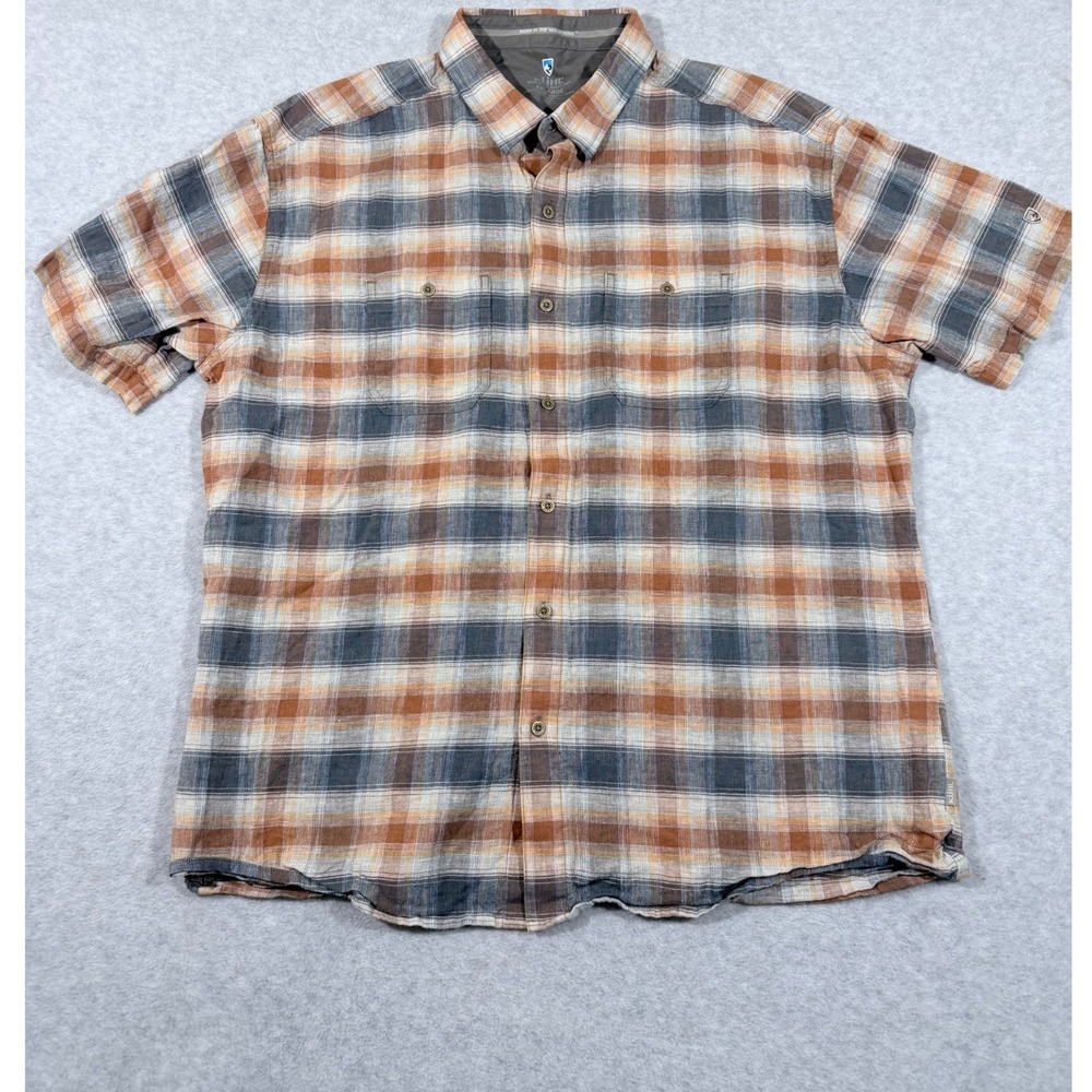 Kuhl Shirt Men XXL Brown Plaid Linen Cotton Short Sleeve Button